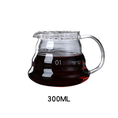 Clear glass ribbed coffee maker pot with textured rim and handle marked 300ml for precise coffee brewing