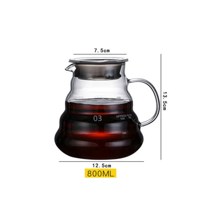 Clear ribbed glass coffee maker pot with silver lid and handle 800ml capacity for precise coffee brewing