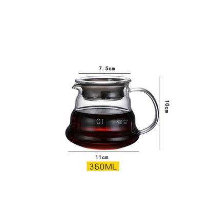 Clear glass coffee maker pot with stainless steel filter and handle for coffee brewing marked 360ml with wood lid