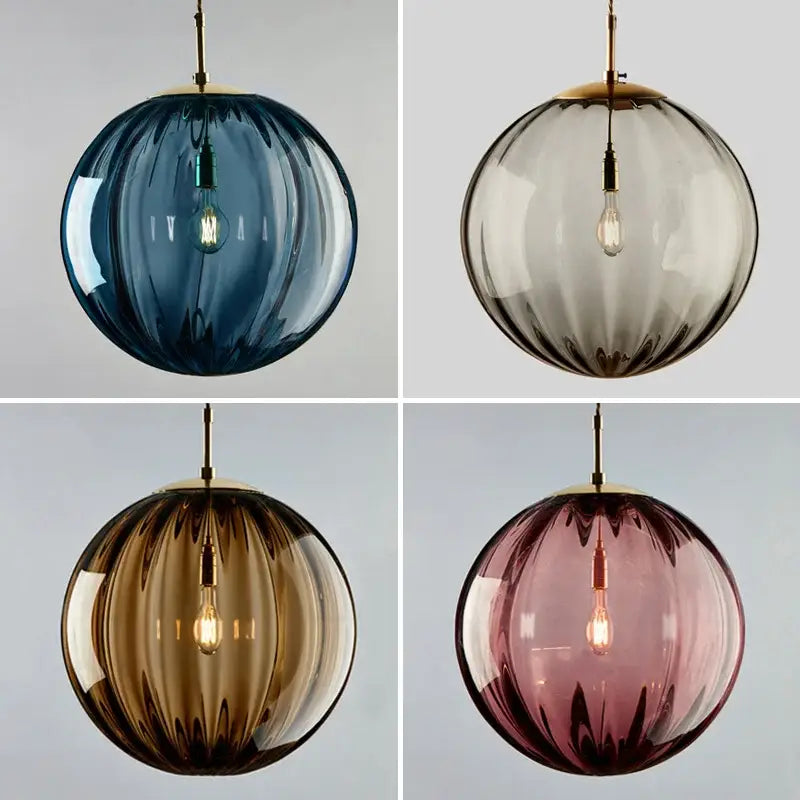 Set of four ribbed multi color glass globe pendant lights with iron finish for dining room use