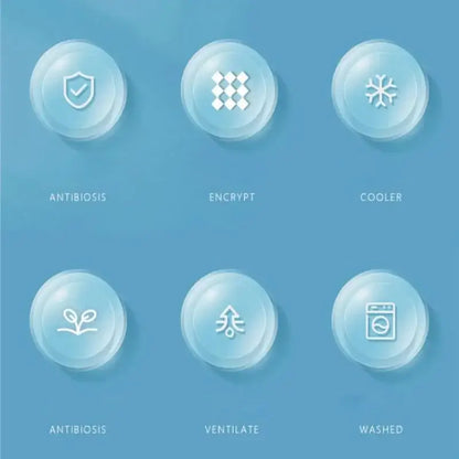 Six translucent bubble icons with white line art on light blue background for ribbed pink soft bed mat set textured pleats