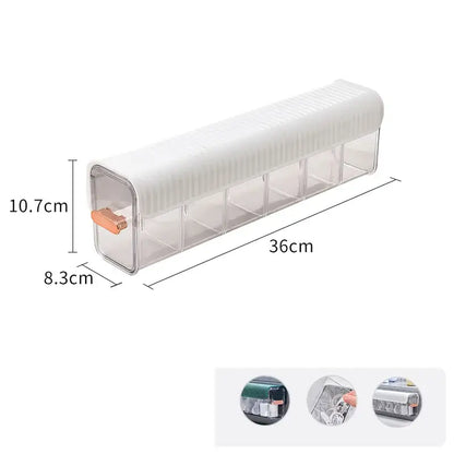 White plastic wall-mounted data cable organizer box with five transparent compartments and rose gold pull handle decorbites data cable