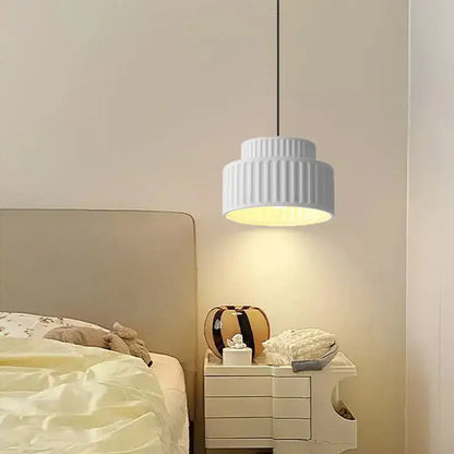White ribbed decorbites cream resin led pendant light with warm glowing light for dining room decor