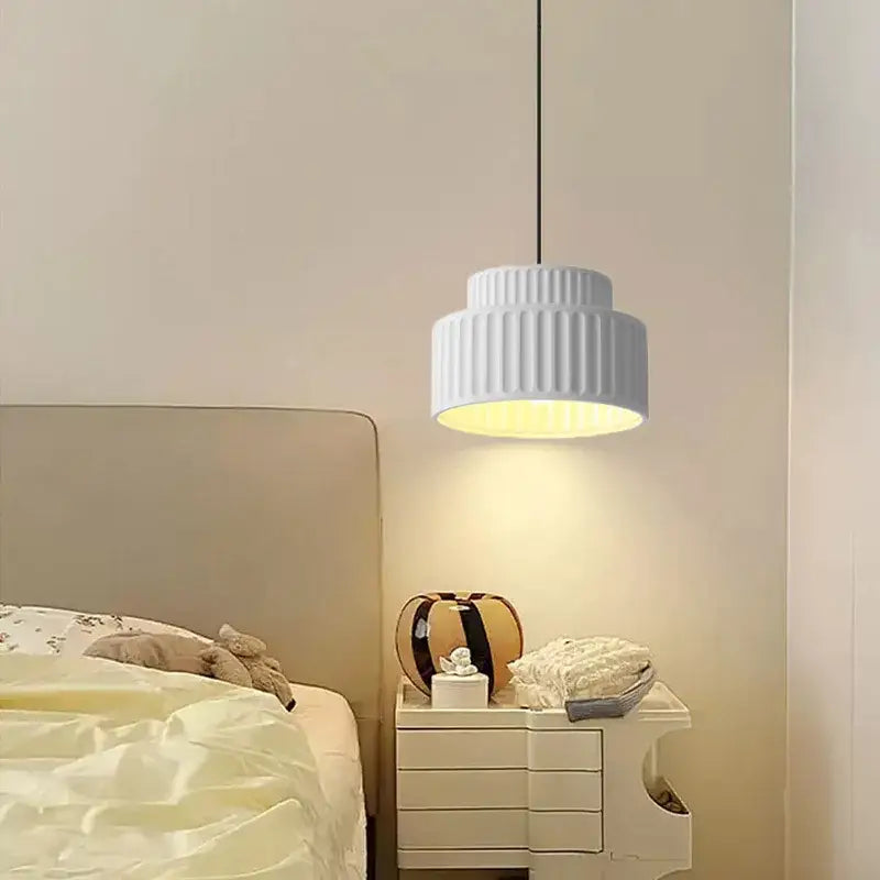 White ribbed decorbites cream resin led pendant light with warm glowing light for dining room decor