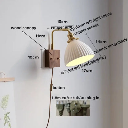 Vintage-style led wall lamp with ribbed off-white ceramic shade, copper arm, and wooden canopy for bedroom mirror lighting