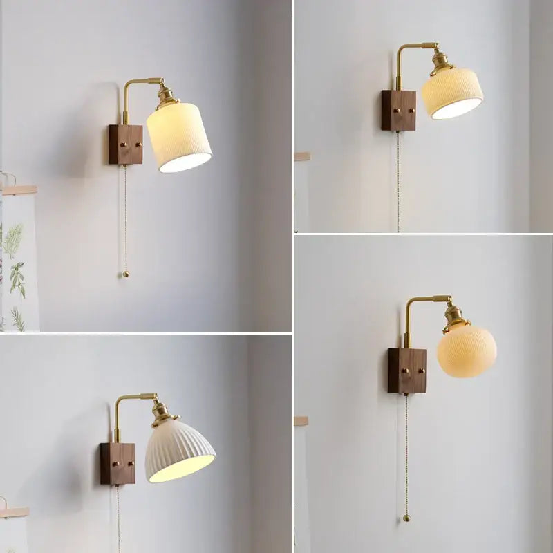 Vintage brass and dark wood wall lamp with ribbed white ceramic shade for bedroom mirror led wall lamps