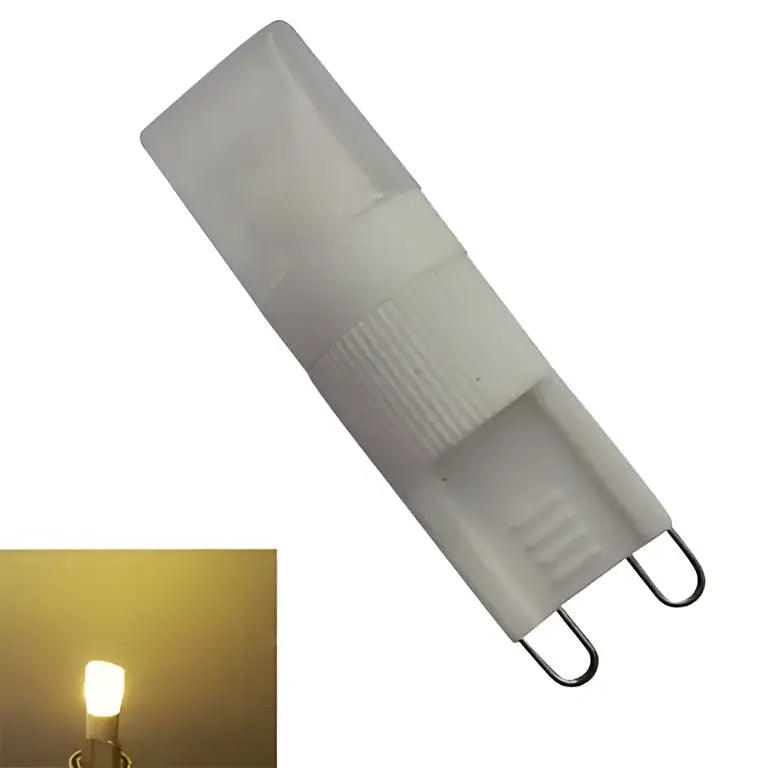 Ribbed white decorbites g9 led bulb with frosted finish and two metallic contacts for warm white living space lighting