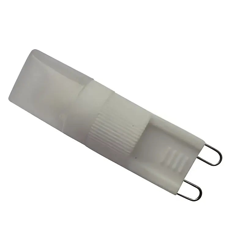Clear plastic g4 led bulb with two metal contacts shown as part of ribbed white decorbites g9 led bulb for living space lighting