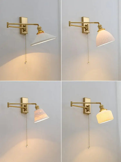 Gold-finished adjustable wall sconce with ribbed white blush pink or cream ceramic shade for decorbites brass swing arm lighting