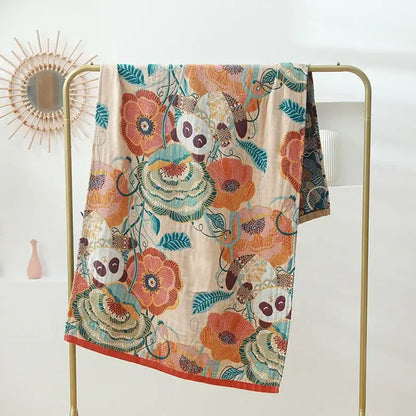 Romantic beige and black floral cotton bath towel with embroidered panda pattern in cream cotton bath towel for bathroom decor
