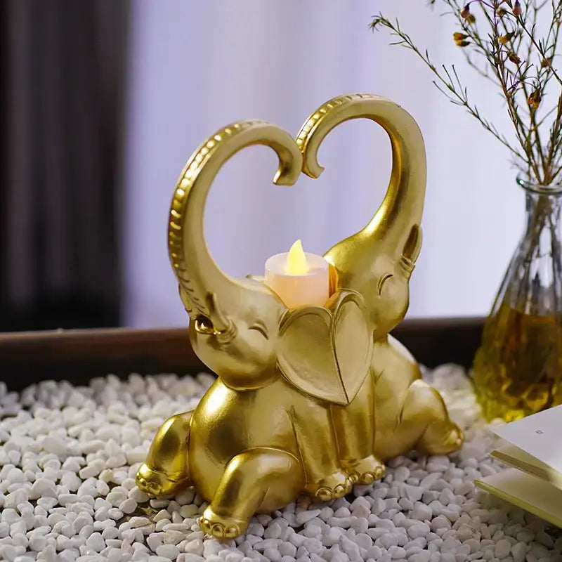 Romantic golden elephant couple resin candlestick with heart-shaped trunks and glowing led candle for living room decorbites decor