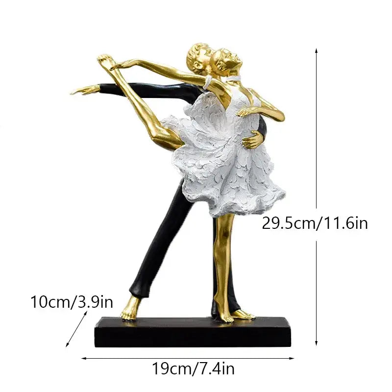 Elegant gold and black decorbites dancing couple sculpture featuring a textured white dress for living room decor