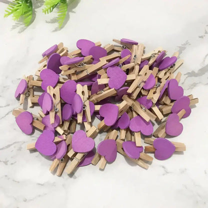 Purple romantic heart shape wood clips with natural wooden clothespin clips for multi color bedroom decor
