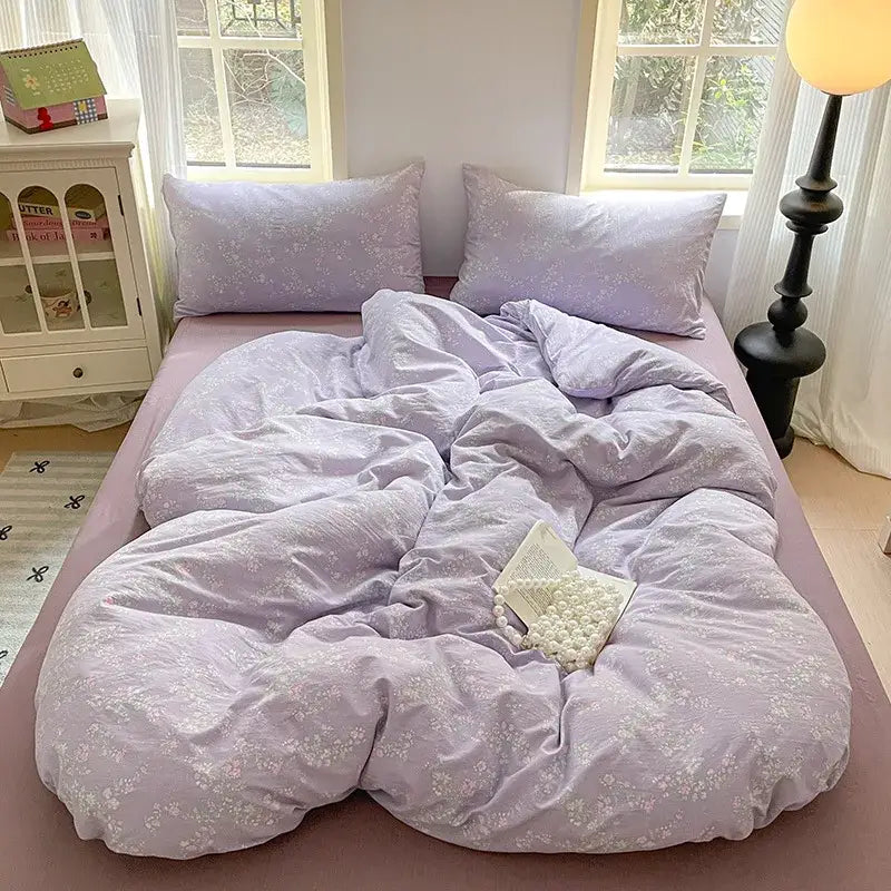 Lavender floral-patterned bedding set with soft textured decorbites cotton flower print fabric and matching pillows
