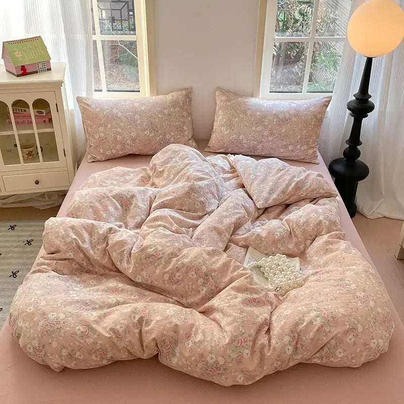 Romantic pink cotton flower print bedding set with soft plush fabric for bedroom comfort and decorbites cotton flower style