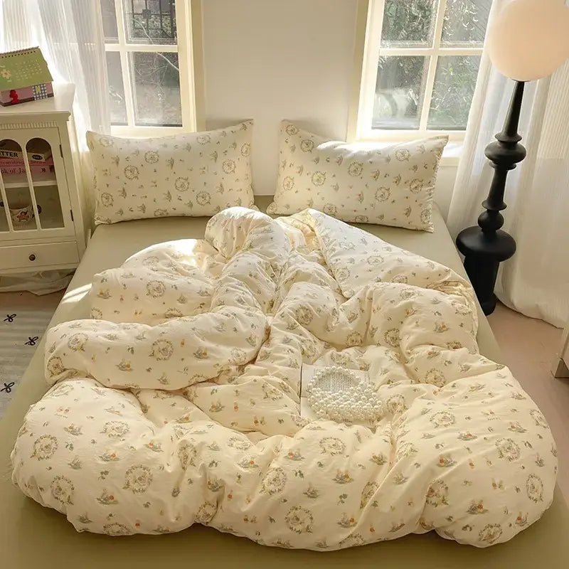 Cream-colored bedding set with plush texture and delicate beige green decorbites cotton flower print for bedroom comfort