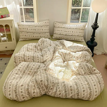 Cream-colored bedding set with muted green cotton flower print on soft cotton fabric for bedroom decorbites cotton flower