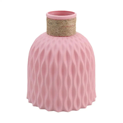 Pink ceramic rope plastic vase with textured wavy pattern and twine wrap for living room flower arrangement decor