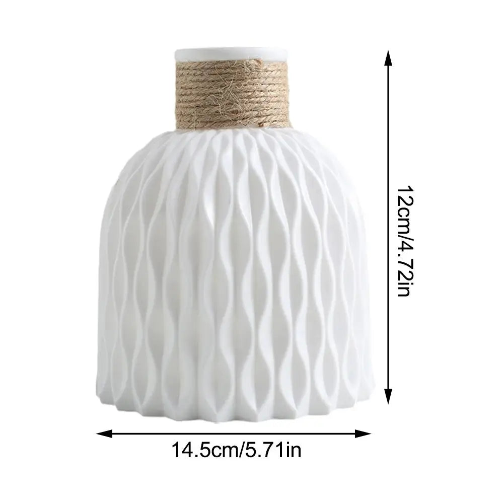 White ceramic rope plastic vase with textured wavy pattern and twine-wrapped neck for living room decoration