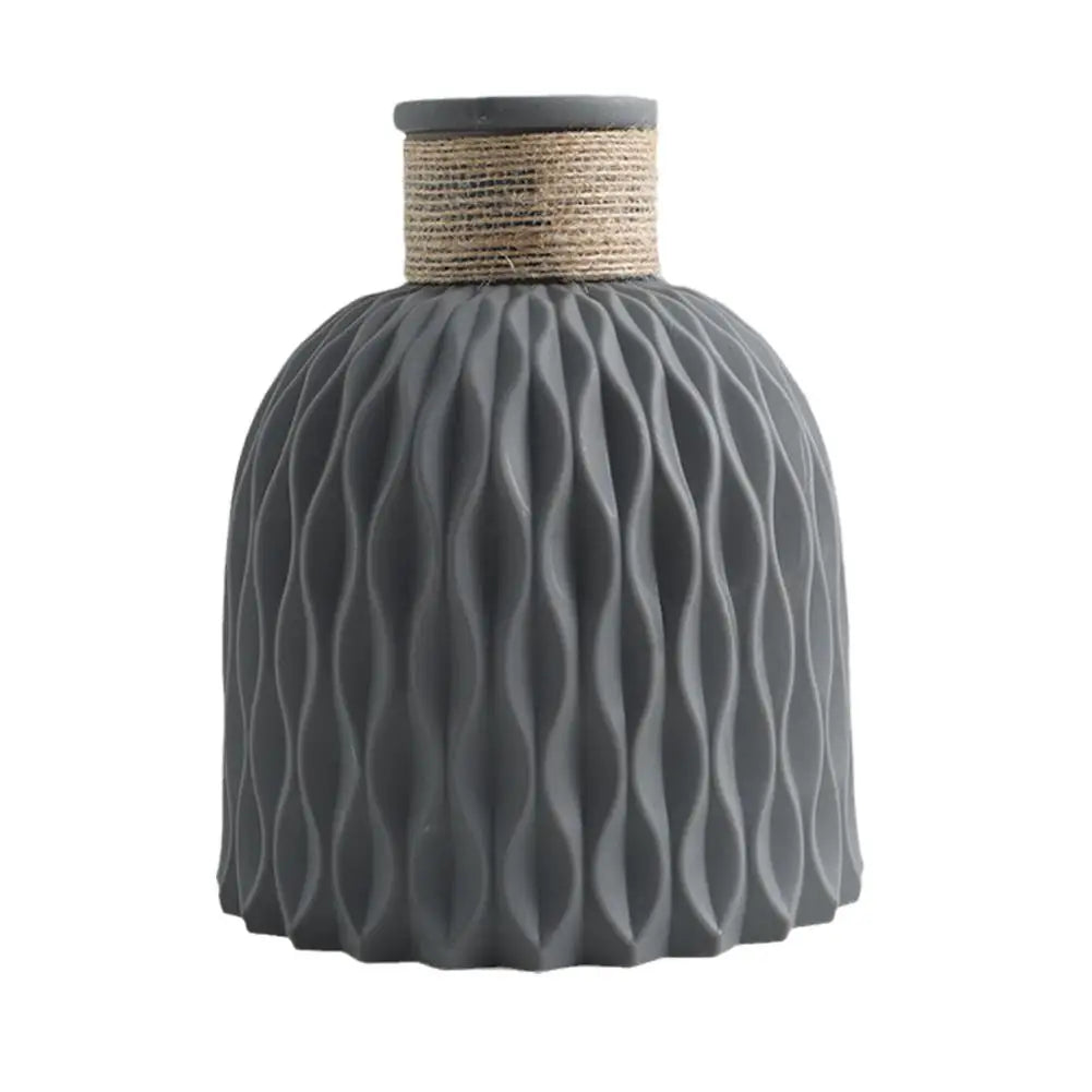 Gray ceramic vase with textured wavy surface and natural twine band for living room DIY flower arrangement decor