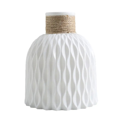 White ceramic rope vase with wavy texture and twine band for living room flower arrangement and home decor