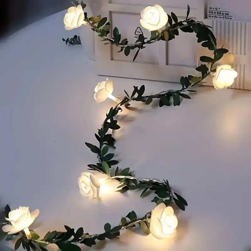Decorbites™ 10 led white rose flower string lights with green leaf accents battery powered for wedding decor