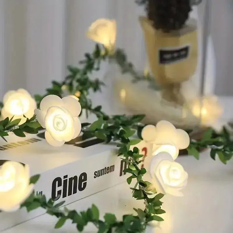 Decorbites™ 10 led white rose flower string lights battery powered on green vine for wedding valentines party decor