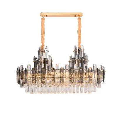 Rose gold and smoky dimmable crystal chandelier with gold ceiling mount and cascading prisms for crystal chandelier lighting
