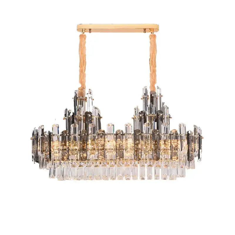 Rose gold and smoky dimmable crystal chandelier with gold ceiling mount and cascading prisms for crystal chandelier lighting