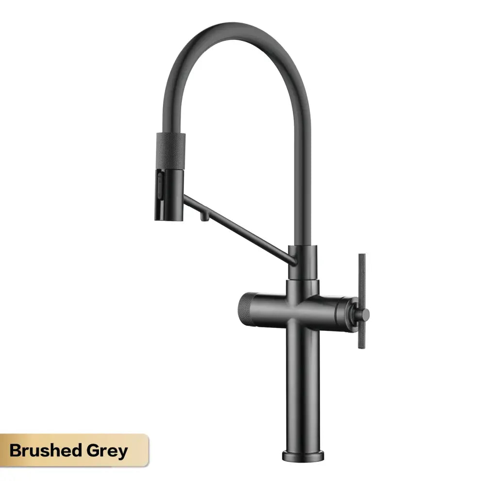 Brushed grey kitchen faucet with a sleek arched spout and cross-handle design features a pull-out spray spout