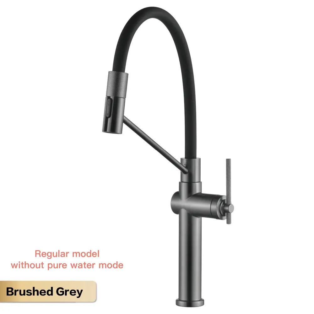 Brushed grey kitchen faucet with rose gold and black pull-out spray spout and sleek arched pull-out spray design