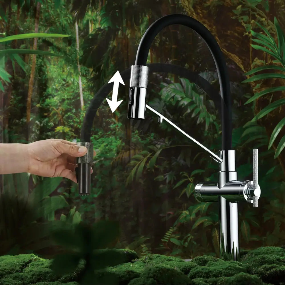 Black and chrome kitchen faucet with flexible hose and pull-out spray spout for versatile kitchen use