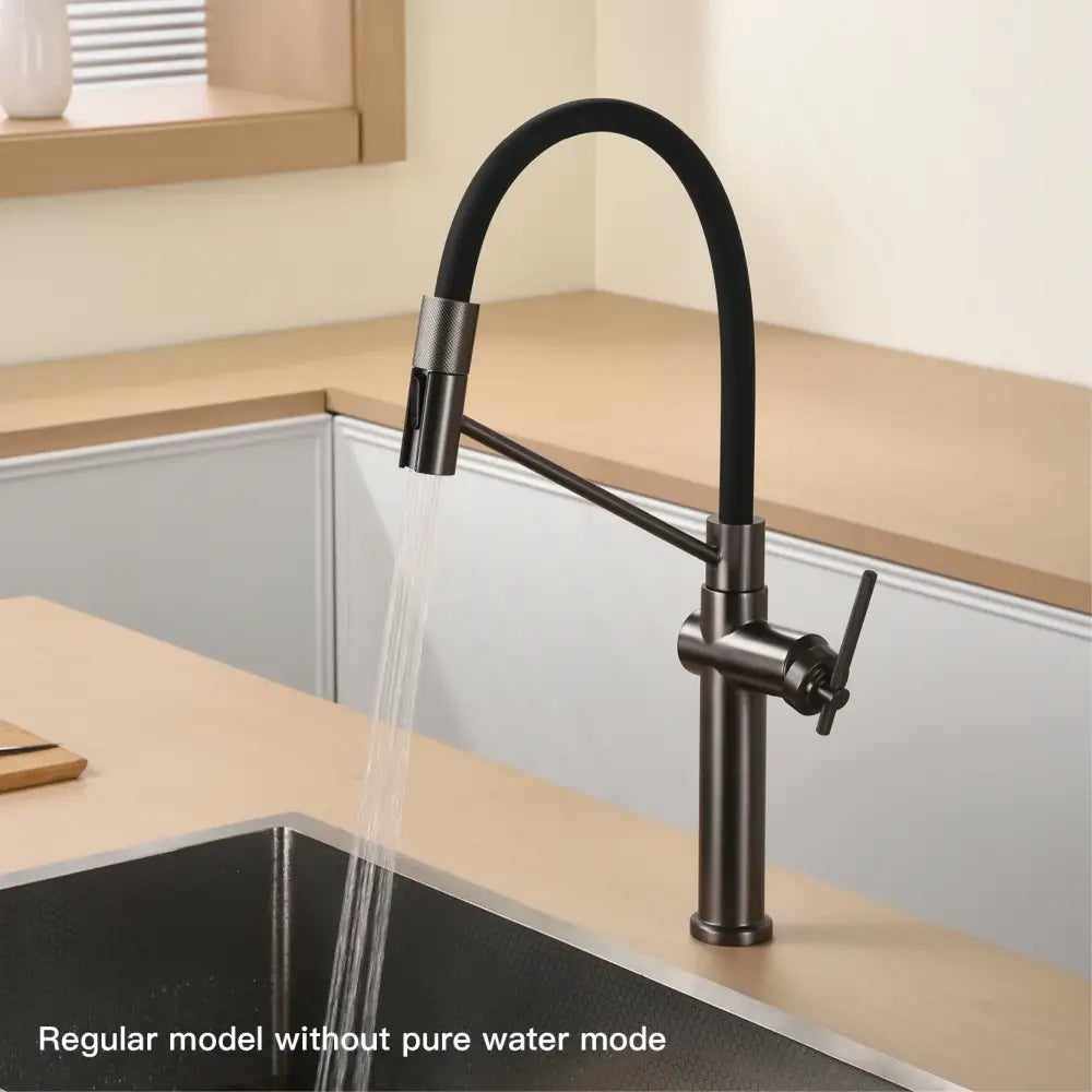 Black matte kitchen faucet with rose gold pull-out spray spout and flexible gooseneck for versatile kitchen use