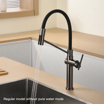 Black matte kitchen faucet with rose gold pull-out spray spout and flexible gooseneck for versatile kitchen use
