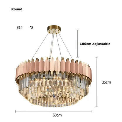 Rose gold and clear e14 led crystal pendant lights with adjustable height stainless steel frame for dining room
