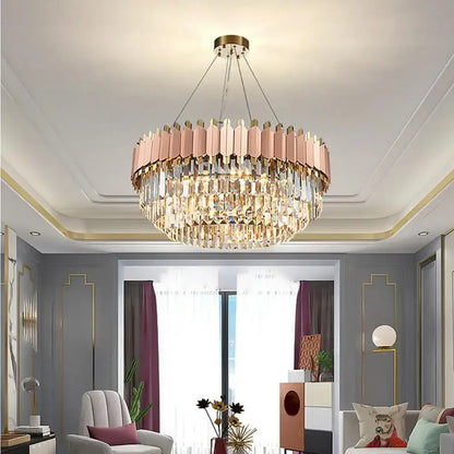 Rose gold e14 led crystal pendant lights with tiered faceted crystals for dining room featuring stainless steel accents
