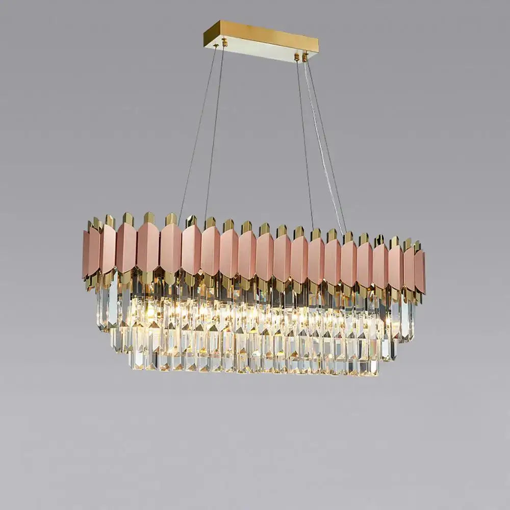 A modern rose gold pendant light with e14 led crystal prisms and stainless steel accents for dining room use