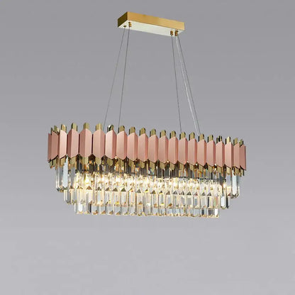 A modern rose gold pendant light with e14 led crystal prisms and stainless steel accents for dining room use