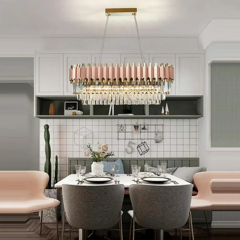 Rose gold rectangular pendant lights with e14 led crystal droplets and pink stainless steel panels for dining room