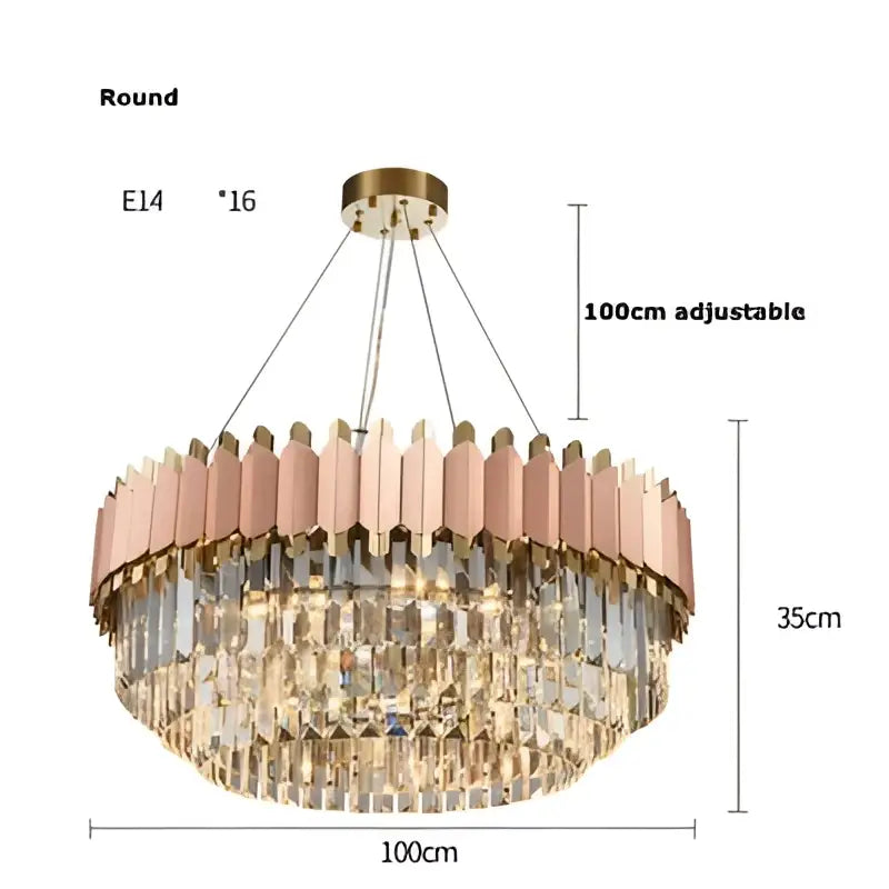 A round adjustable rose gold and clear e14 led crystal pendant light with stainless steel accents for dining rooms