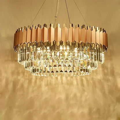 Two-tiered rose gold pendant lights with clear e14 led crystal prisms for dining room with stainless steel accents