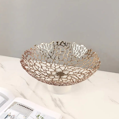 Rose gold coral disc pedestal fruit bowl with intricate coral lace design and smooth white marble base for dining decorbites coral disc