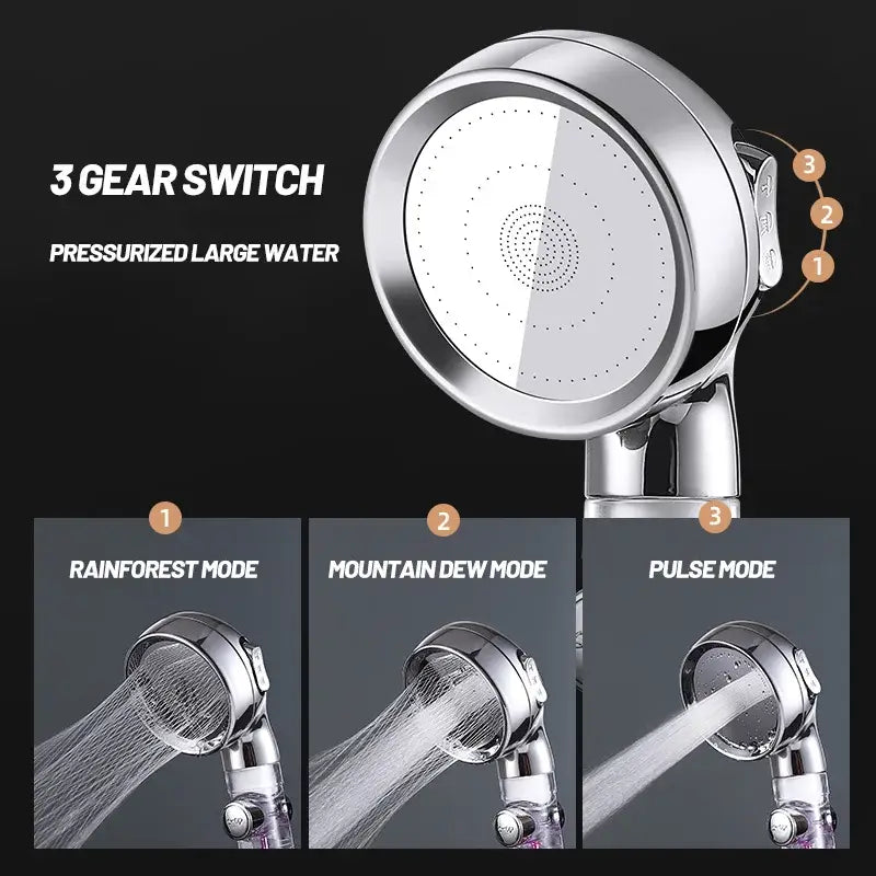 Rose gold high pressure shower head with chrome finish and filter featuring three spray modes for bathroom use