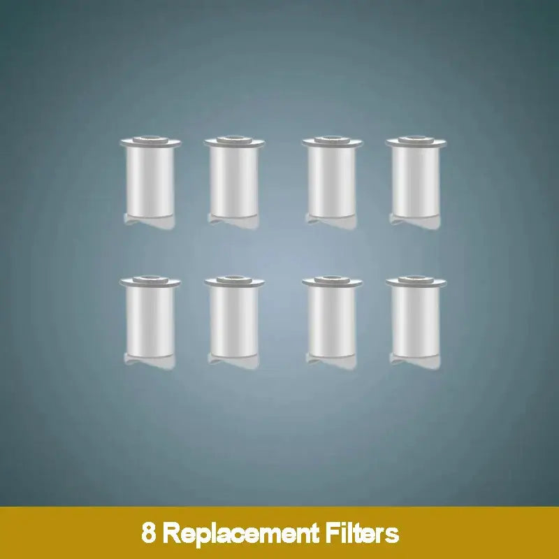 Eight metallic cylindrical replacement filters for rose gold high pressure shower head with filter bathroom use