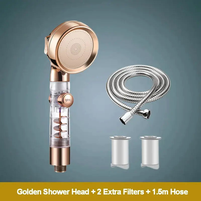 Rose gold high pressure shower head with filter featuring transparent cylindrical body and internal spiral components