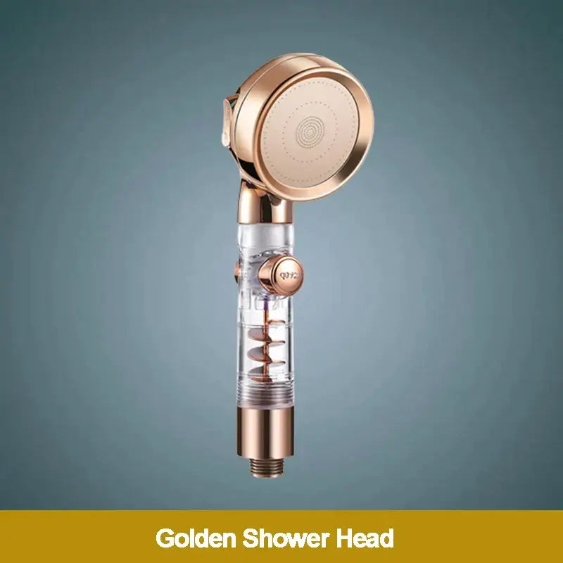 Rose gold high pressure shower head with transparent body revealing internal spiral filter for bathroom use