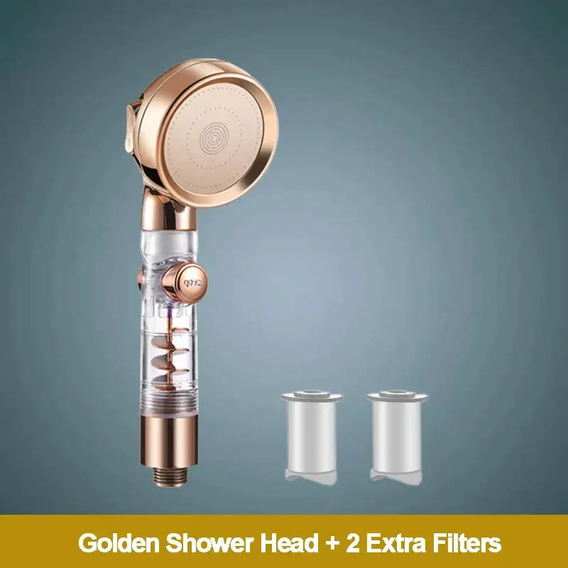 Rose gold high pressure shower head with transparent cylindrical body and spiral filter pressure shower head design