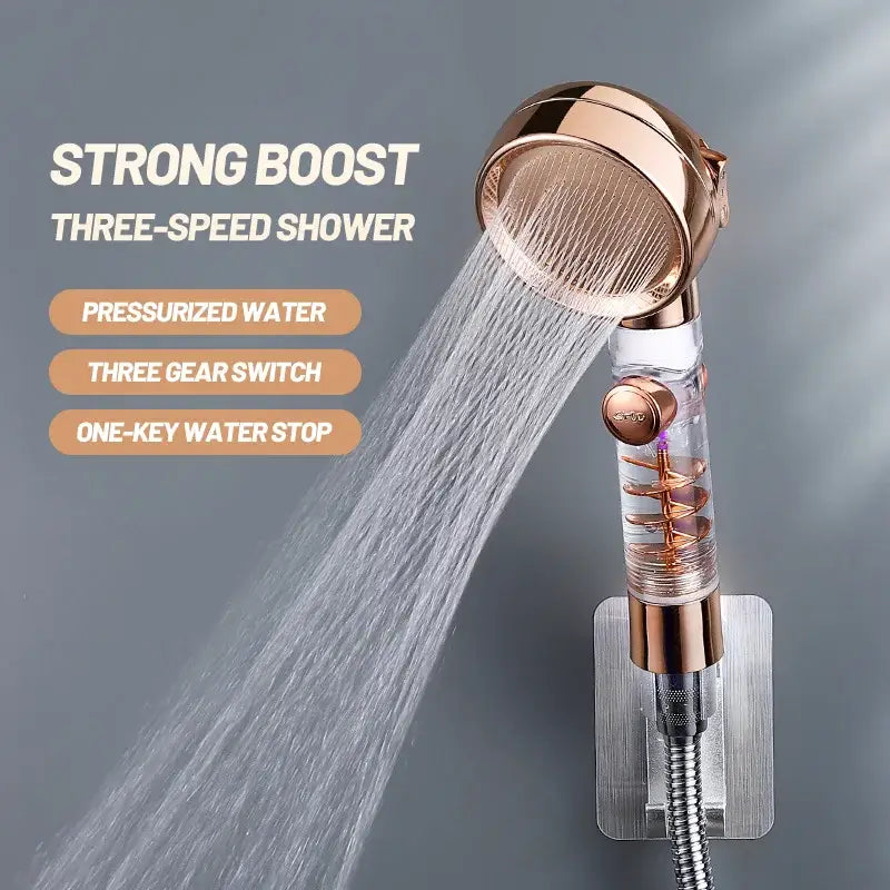 Rose gold high pressure shower head with clear body, copper coils, and three-speed water flow pressure shower head