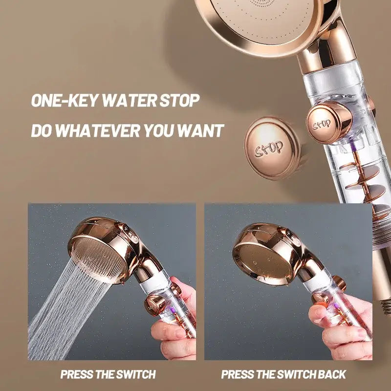 Rose gold high pressure shower head with clear filter housing and stop button for one-key water stop functionality