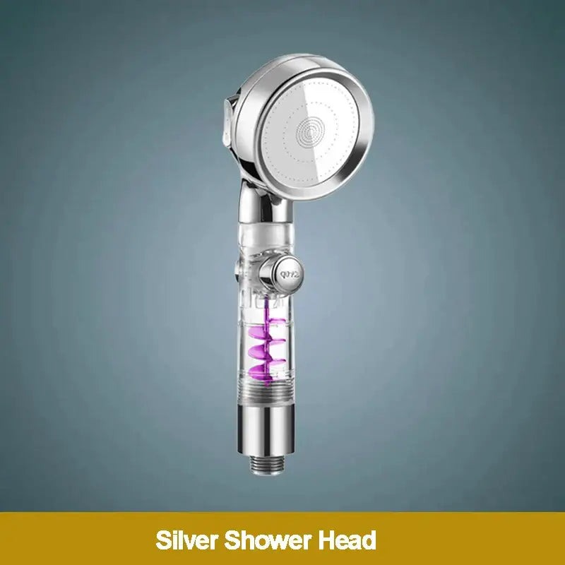 Silver pressure shower head with transparent body and purple spiral component for high pressure shower use